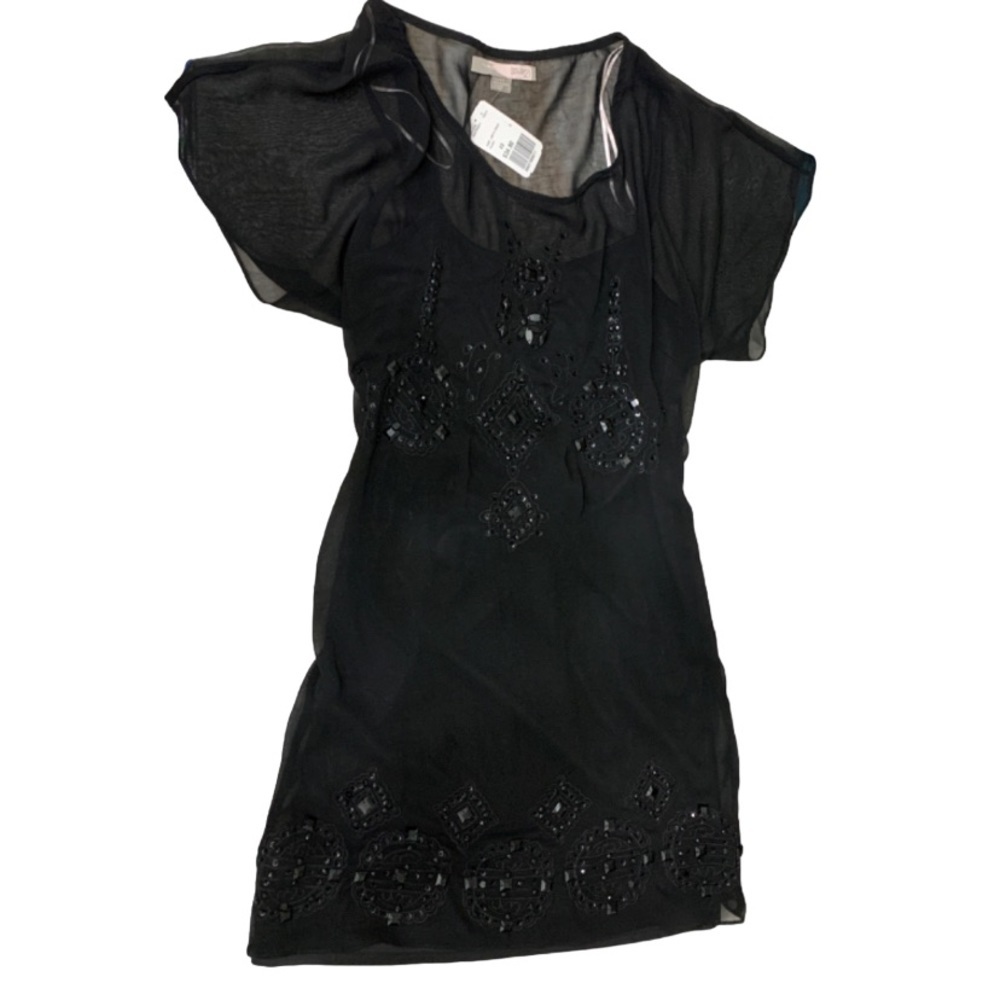 [5x$25] ⭐️ Black Beaded Chiffon Mini Dress Short Sleeve Sheer Embroidered [XS]